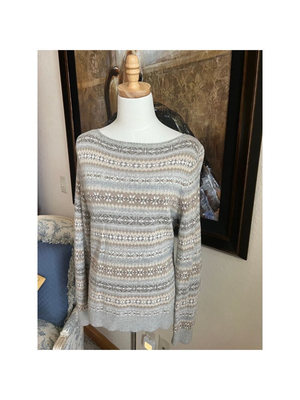 Women's Lauren Ralph Lauren Gray Beige Fair Isle Crew Neck Sweater L